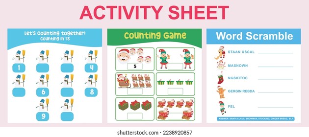 3 en 1 Hoja de actividades para niños. Hoja de trabajo educativa imprimible para preescolar. Actividades de recuento y escritura. Archivo vector.