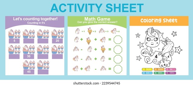 3 en 1 Hoja de actividades para niños. Hoja de trabajo educativa imprimible para preescolar. Colorear y contar la actividad. Ilustraciones vectoriales. 