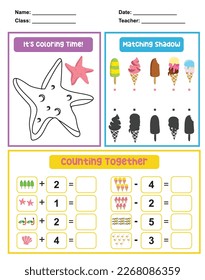 3 en 1 Hoja de actividades para niños. Hoja de trabajo educativa imprimible para preescolar. Coloración, recuento y sombra coincidente. Archivo vector.
