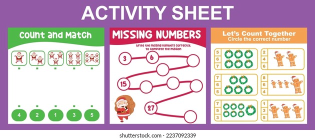 3 en 1 Hoja de actividades matemáticas para niños. Hoja de trabajo educativa imprimible para preescolar. Ilustraciones vectoriales. 