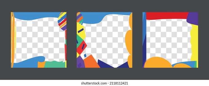 3 in 1 Square frames set 1x1. Abstract, bright colors doodle shapes. Multicolored Abstract frame set for social network, media, story, mobile apps, telephone, greeting card, NFTs.