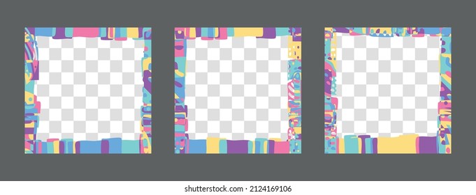 3 in 1 Square frames set 1x1. Abstract, bright colors doodle shapes. Multicolored Abstract frame set for social network, media, story, mobile apps, telephone, greeting card, NFTs.