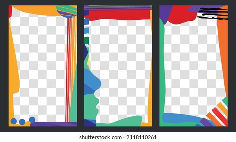 3 in 1 Vertical frames 9x16. Abstract bright set. Rainbow colors doodle shapes. Multicolored Abstract frame set for social network, media, story, mobile apps, telephone, greeting card.