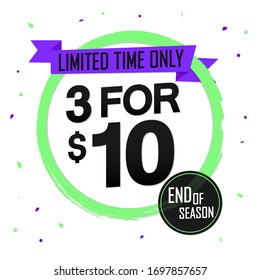 3 for 10 dollar, Sale banner design template, discount tag, vector illustration