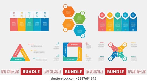 3, 4, 5, 6 Step or Process Infographic Bundle With Circle Square Layout and Chart Design