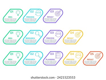 3, 4, 5 pasos info set gráfico. Diagrama de procesos, gráfico con iconos de negocio. Diseño infográfico de la línea de tiempo. Presentación moderna, plantilla de diseño. Ilustración vectorial.