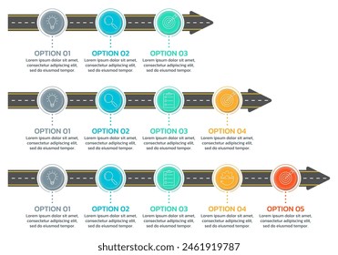 3, 4, 5 pasos Plantilla de infografía de carretera con flecha. Diseño gráfico de información de roadmap de línea de tiempo. Presentación de negocios, Plantilla de diseño de procesos. Ilustración vectorial.