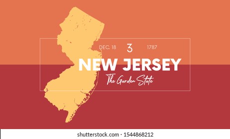 3 of 50 states of the United States with a name, nickname, and date admitted to the Union, Detailed Vector New Jersey Map for printing posters, postcards and t-shirts