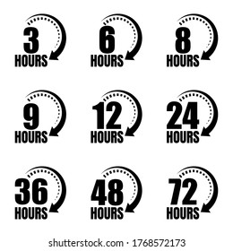 3, 6, 8, 9, 12, 24, 36, 48 and 72 hours clock arrow vector icons. Delivery service, online deal remaining time website symbols. Vector illustration.