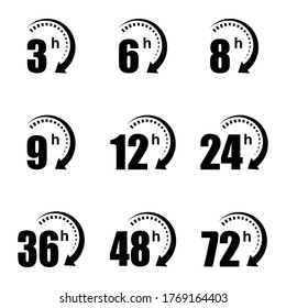 3, 6, 8, 9, 12, 24, 36, 48 and 72 hours clock arrow vector icons. Delivery service, online deal remaining time website symbols. Vector illustration.