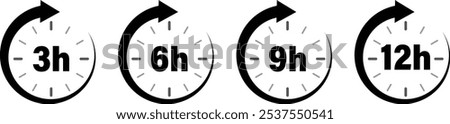 3, 6, 9 and 12 Hours Vector Clock Arrow Isolated on White Background, Vector Work Time Effect or Delivery Service Time Icons