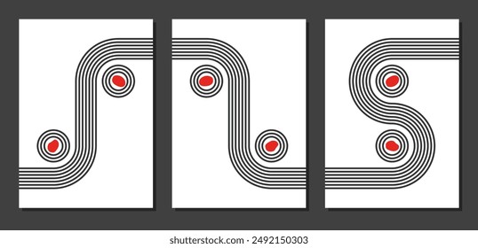 3 A3 posters, curved parallel lines and circles, meditation zen garden top view or life balance vector illustration, river flow and pebbles abstract, waterfall and ponds top view