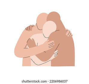 3 Abstract Characters Hug. Polyamory Concept. Notions Of Polygamy, Open Intimate, Romantic And Sexual Relations, Free Love. Ethical Non Monogamy. Vector Flat Illustration Isolated On White Background