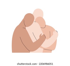 3 Abstract Characters Hug. Polyamory Concept. Notions Of Polygamy, Open Intimate, Romantic And Sexual Relations, Free Love. Ethical Non Monogamy. Vector Flat Illustration Isolated On White Background