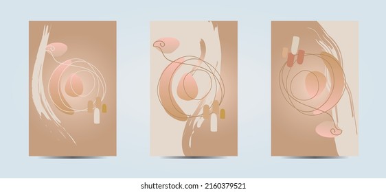 3 Abstract Designs Contemporary Art Circle Bubble Doodles Hand Drawn Card Postcard Gold Sand Ivory Blush Colors