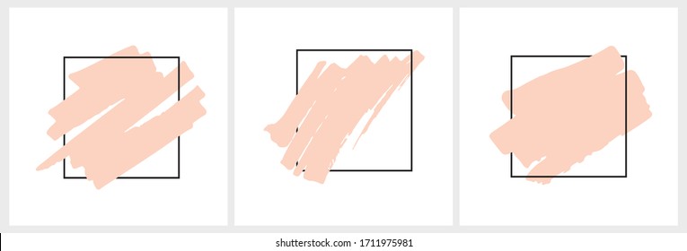 3 Abstract Hand Drawn Childish Style Vector Layouts. Light Blush Pink Scribbles in a Black Frame Isolated on a White Background. Hand Drawn Brush Dabs. Pastel Color Blanks with No Text.
