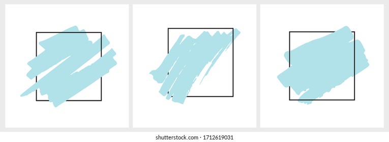 3 Abstract Hand Drawn Childish Style Vector Layouts. Light Blue Scribbles in a Black Frame Isolated on a White Background. Hand Drawn Brush Dabs. Pastel Color Blanks with No Text.