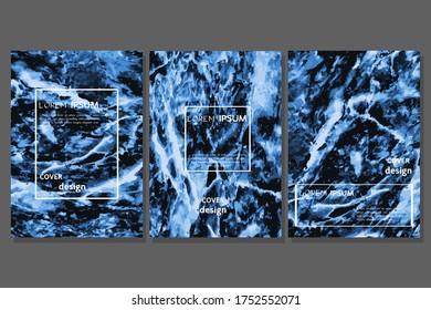 3 diseños abstractos de mármol azul de moda para portada, reportaje, folleto, volante, presentación, volante, revista A4