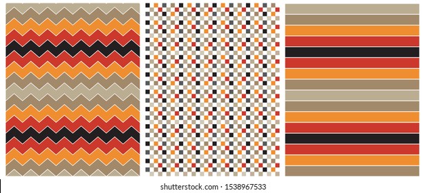 3 Abstract Vector Seamless Prints. Orange, Red, Gold and Black Stripes, Chevron and Grid Isolated on a White Background.Colorful Zigzags on a White. Multicolor Stripped Vector Design.Checkered Layout.