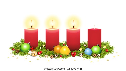 3 Advent, Advent arrangement,
Advent card with candles, fir branches, stars, ilex berries, gingerbread, bell and Christmas balls,
Vector illustration isolated on white background
