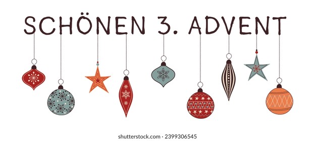Schönen 3. Avenencia - letras en alemán - Feliz 3. Avance. Tarjeta de saludo con baudias de Navidad coloridas.