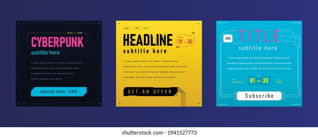 3 advertising square cyberpunk banners with text, with purple, yellow, dark blue color