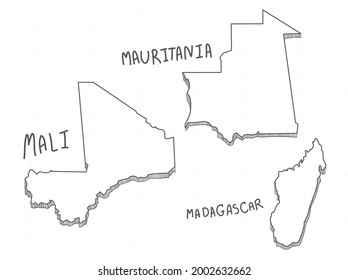 3 Africa 3D Map is composed Madagascar, Mauritania and Mali. All hand drawn on white background.