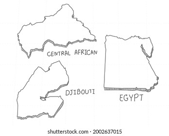 3 Africa 3D Map is composed Central African, Djibouti and Egypt. All hand drawn on white background.