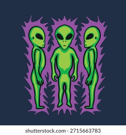3 alien standing cartoon character design for streetwear merch