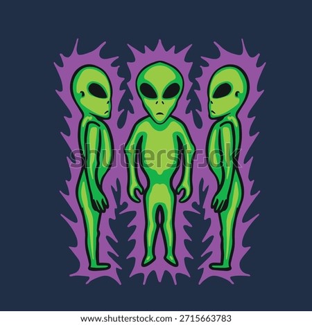 3 alien standing cartoon character design for streetwear merch