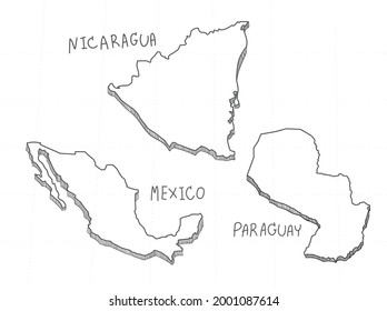 3 America 3D Map is composed Nicaragua, Mexico and Paraguay. All hand drawn on white background.
