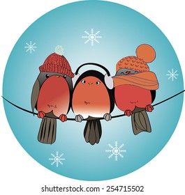 3 amusing bullfinches in winter clothes. Vector illustration.