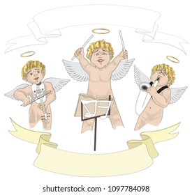 3 angle or cupid to playing musical brand are violin, conductor, saxophone, musical  has 2 ribbon sign for choose, illustration vector cartoon acting art vintage style of greeting card design.