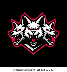 3 Angry Wolf Cabeças mascote esportes logotipo design com moderno conceito de ilustração estilo para emblema, emblema e t-shirt impressão
