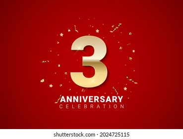 3 anniversary background with golden numbers, confetti, stars on bright red holiday background. Vector Illustration EPS10