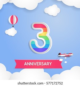 3 Anniversary Celebration Logo with Rainbow Colored and using Paper Art Design Style