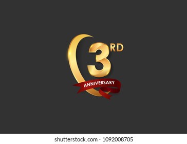 3 anniversary design logotype golden color with ring and red ribbon for celebration