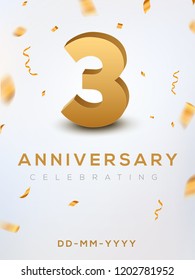 3 Anniversary gold numbers with golden confetti. Celebration 3 anniversary event party template
