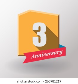 3 Anniversary   label with ribbon. Flat design.