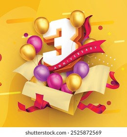 Plantilla del logotipo del aniversario 3 en una caja de regalo con un fondo amarillo y globos. Celebración del tercer aniversario con una cinta roja y globos. Concepto de caja de regalo para una tarjeta de invitación de aniversario.