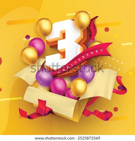 3 anniversary logo template on a gift box with a yellow background and balloons. 3rd anniversary celebration featuring a red ribbon and balloons. Gift box concept for an anniversary invitation card.