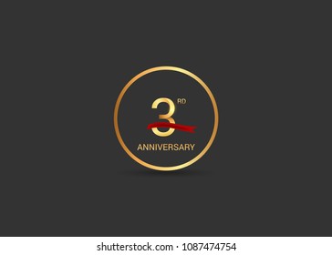 3 anniversary vector design golden color with ring and red ribbon isolated on black background