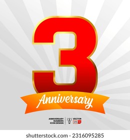 3 Anniversary vector font numbers with ribbon and starburst background. Suitable for icon, logo, symbol, sign, greeting, card, poster, or banner design