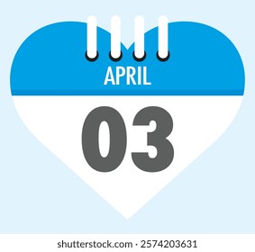 3 April calendar icon blue heart shape on light sky blue color background, calendar vector symbol for the month of April.