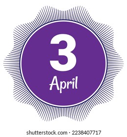 3. April, Datumsvorlage. Nützliches Design für Kalender- oder Veranstaltungswerbung. EPS10 Datei, Vektorgrafik. Einzeln auf weißem Hintergrund. 