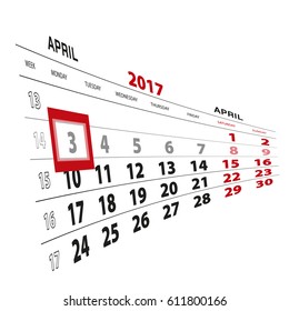 3 April highlighted on calendar 2017. Week starts from Monday. Vector Illustration.