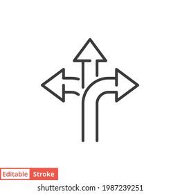 3 arrow way line icon. Simple outline style. Choice, option, pathway, opportunity, logo, split, road, choose, three concept. Vector illustration isolated on white background. Editable stroke EPS 10.