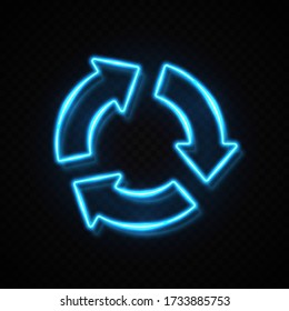 3 flechas en señal de neón azul circular sobre fondo transparente oscuro. Volver a cargar el símbolo de progreso de reciclaje. Información de presentación de negocios tres elementos de infografía redonda. Ilustración vectorial brillante.