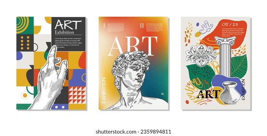 3 Art posters for the exhibition,  magazine or cover, vector template with sculpture art, Antique statues, geometric background, modern ancient Greek or Roman style. Neo Nostalgia banner collection. 