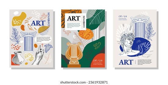 3 Art posters for the exhibition,  magazine or cover, vector template with sculpture art, Antique statues, geometric background, modern ancient Greek or Roman style. Neo Nostalgia banner collection. 